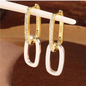 Paperclip Crystal Sterling 14k Plate Convertible Link Hoop Earrings